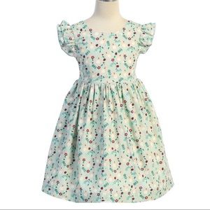 Mint Green Bunny Floral Print Large Bow Tie Ruffle Sleeve  Party Holiday Dress